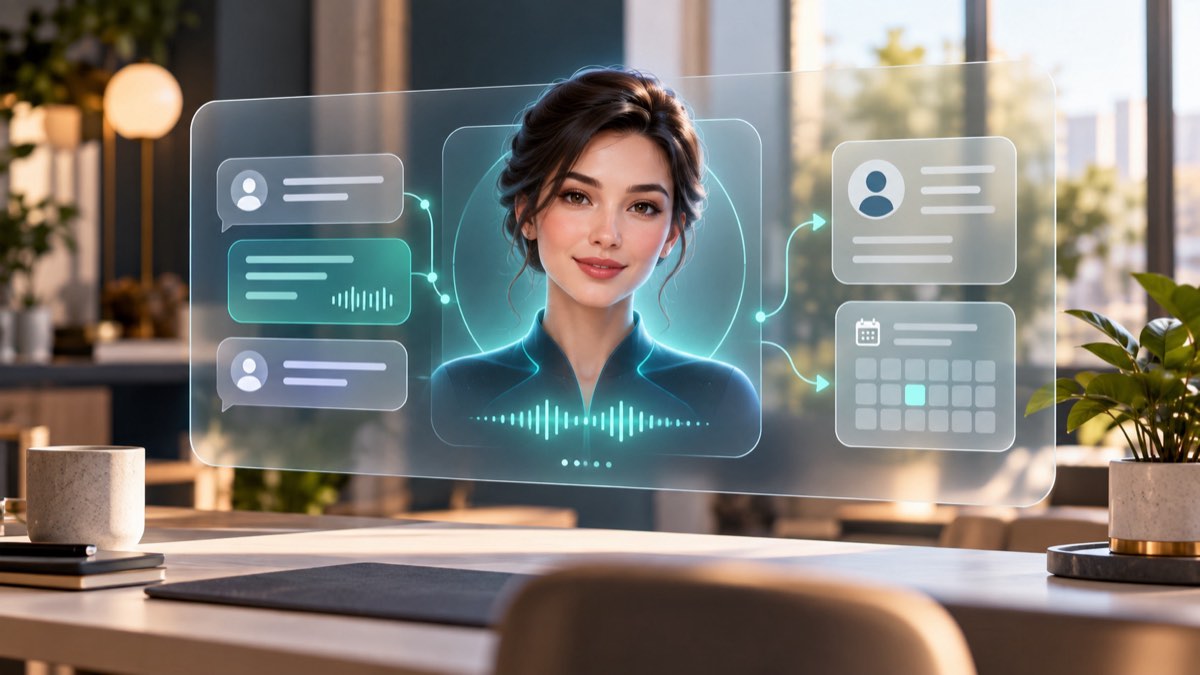 Digital portrait of a female AI voice receptionist connecting a conversation to a customer record and calendar
