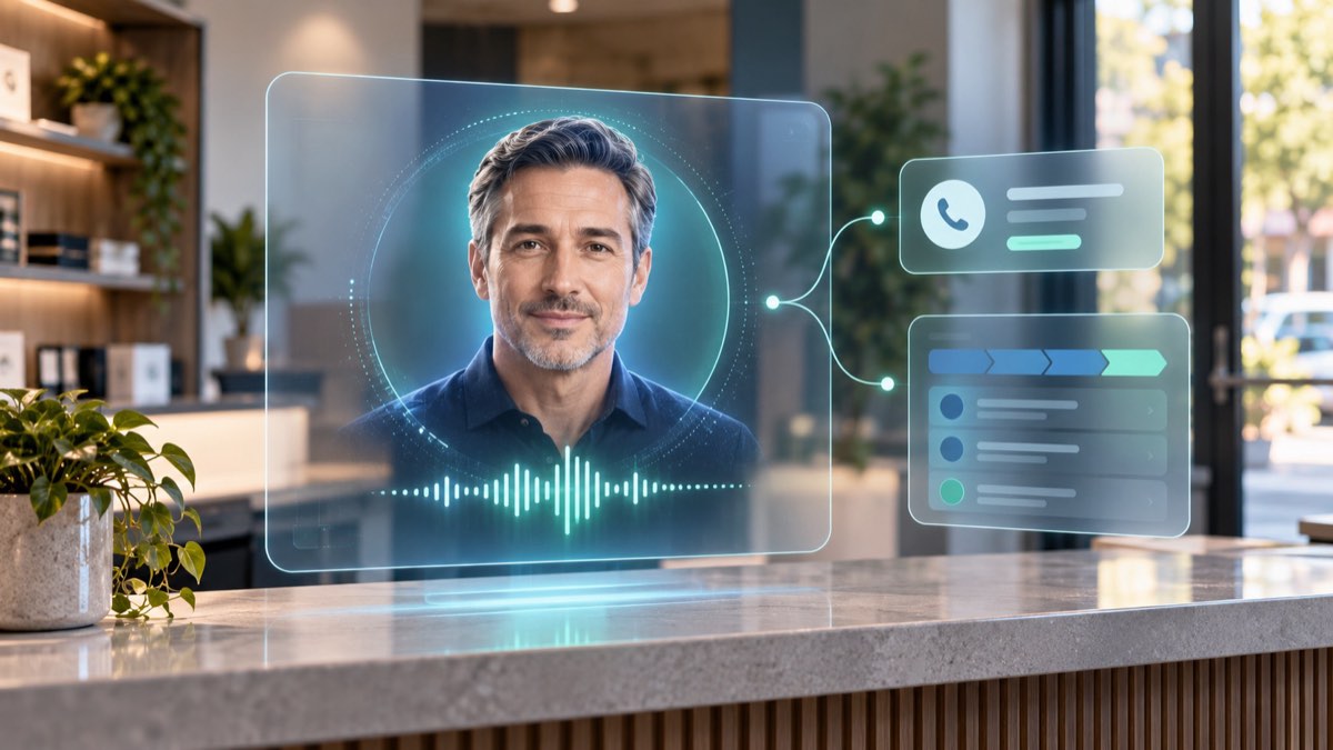 Digital portrait of a male AI voice receptionist linked to a callback request and CRM pipeline