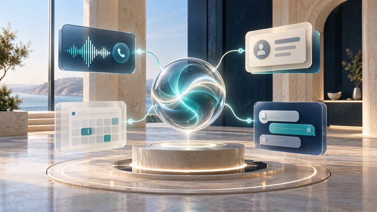 Concept illustration of nonhuman AI roles connecting voice calls, customer records, appointments and support