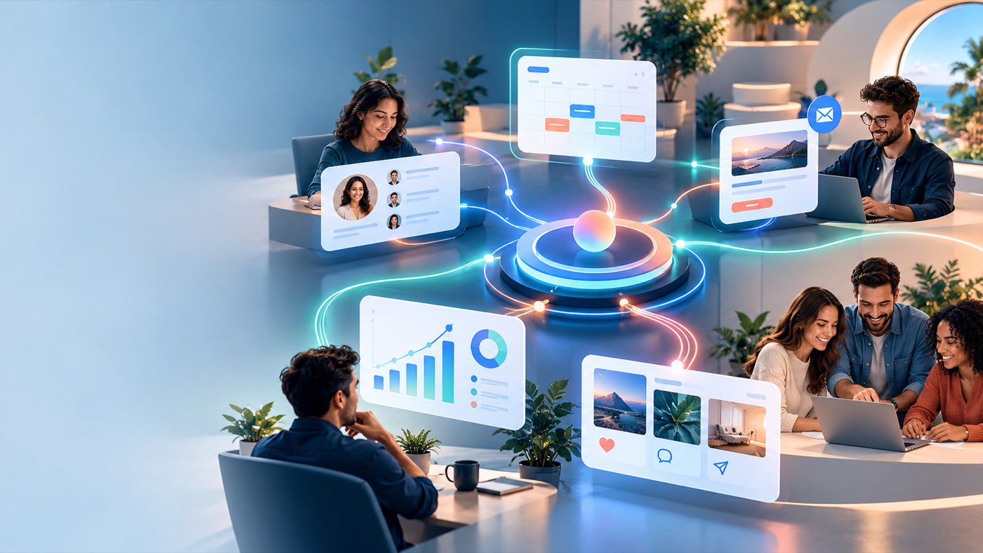 Illustration of a connected business system linking customer records, calendar, campaigns, analytics and teams