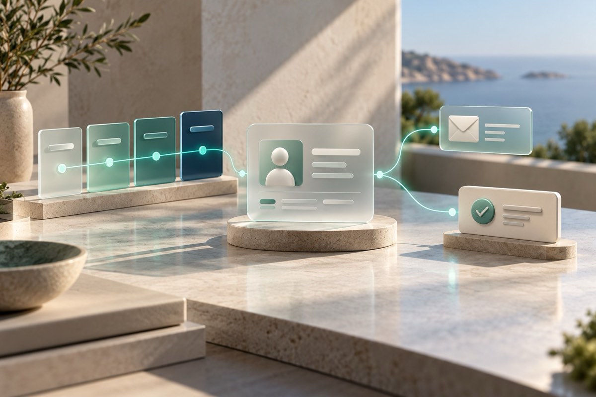 Concept illustration: a customer record connects a sales pipeline, an email and a follow-up task