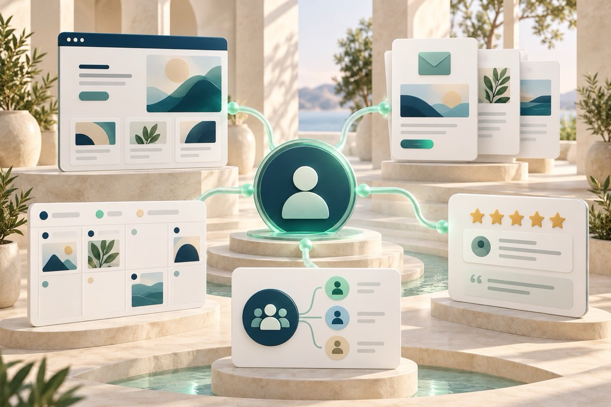 Concept illustration connecting a website, email campaigns, social content calendar and customer record