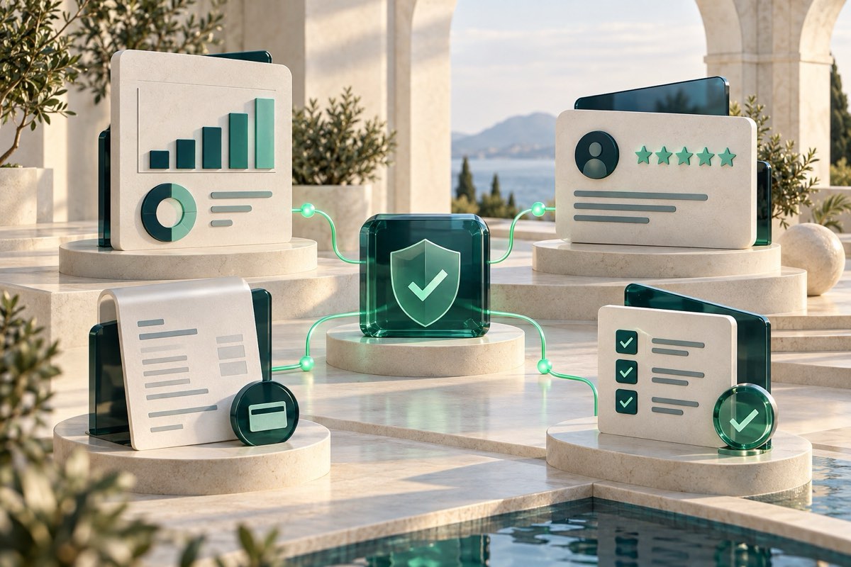 Concept illustration connecting an analytics report, customer reviews, invoice and follow-up checklist