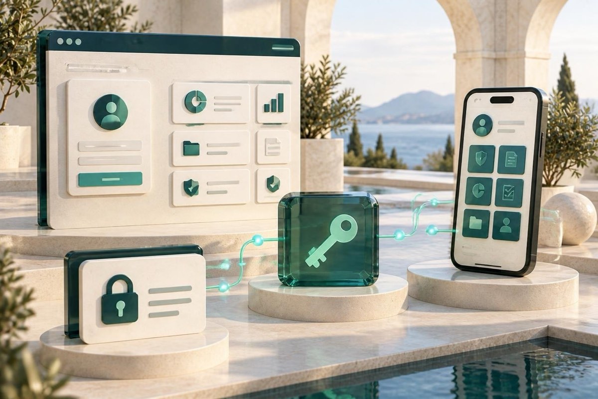 AI illustration: a client portal with member access and a branded mobile app