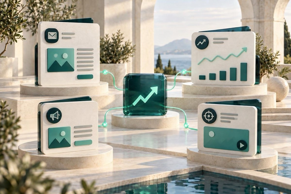 AI illustration: an email campaign, website statistics and advertising around a growth arrow