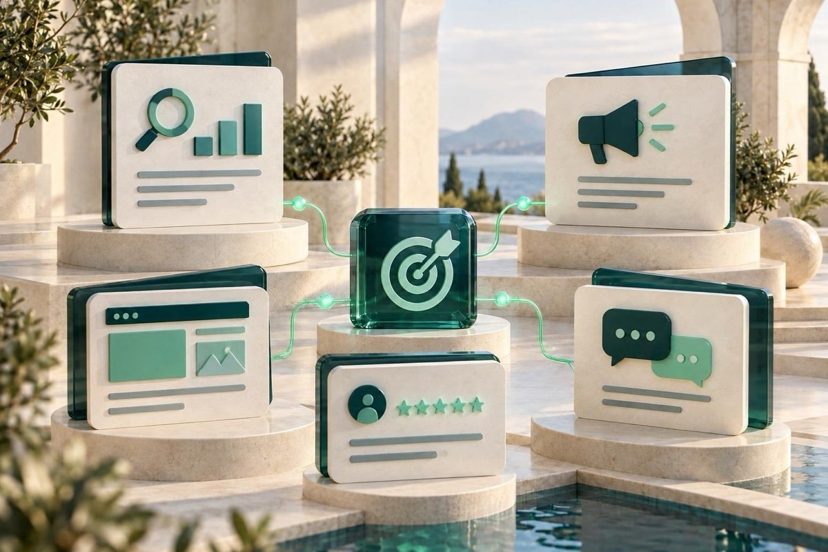 AI illustration: search and social advertising, website, reviews and chatbot brought together