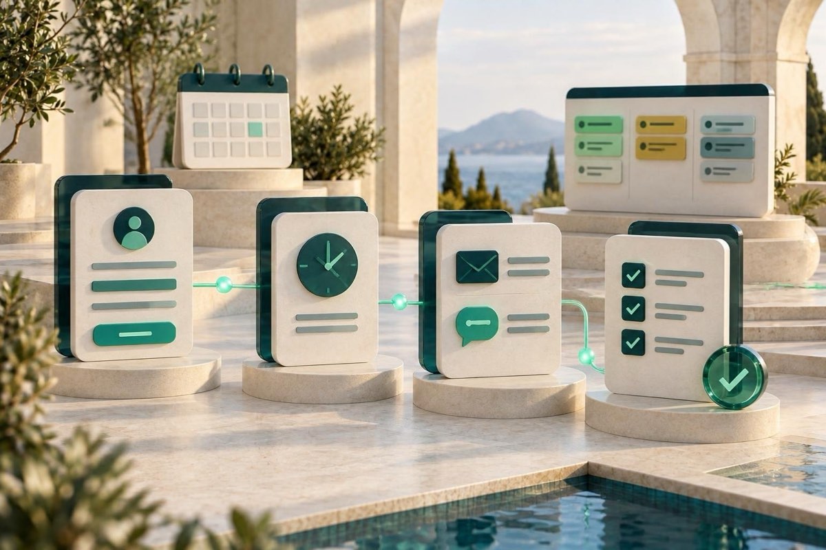 AI illustration: an automated journey: form, delay, email and SMS, then a task