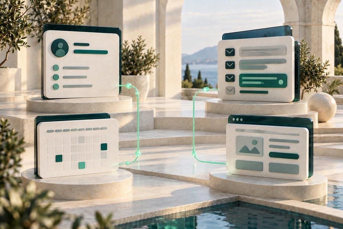 AI illustration: contact records, a unified inbox, a calendar and a small website, connected