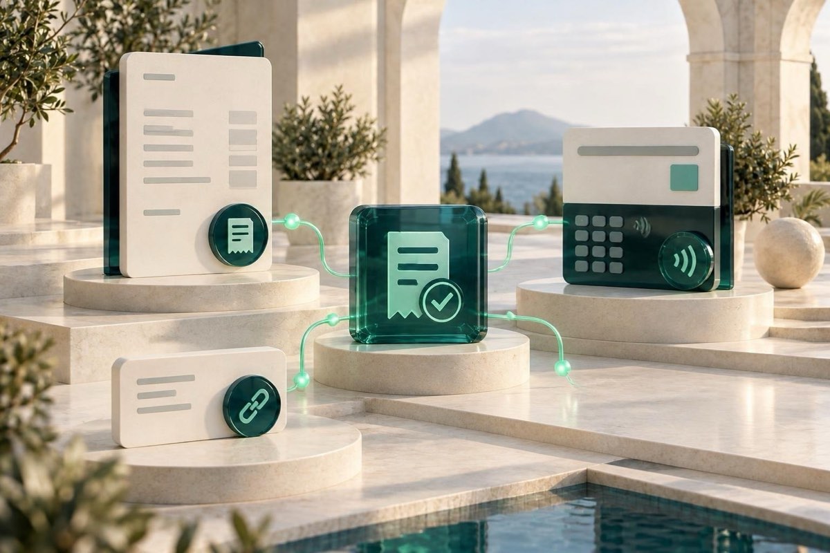 AI illustration: an invoice, a payment terminal and a payment link
