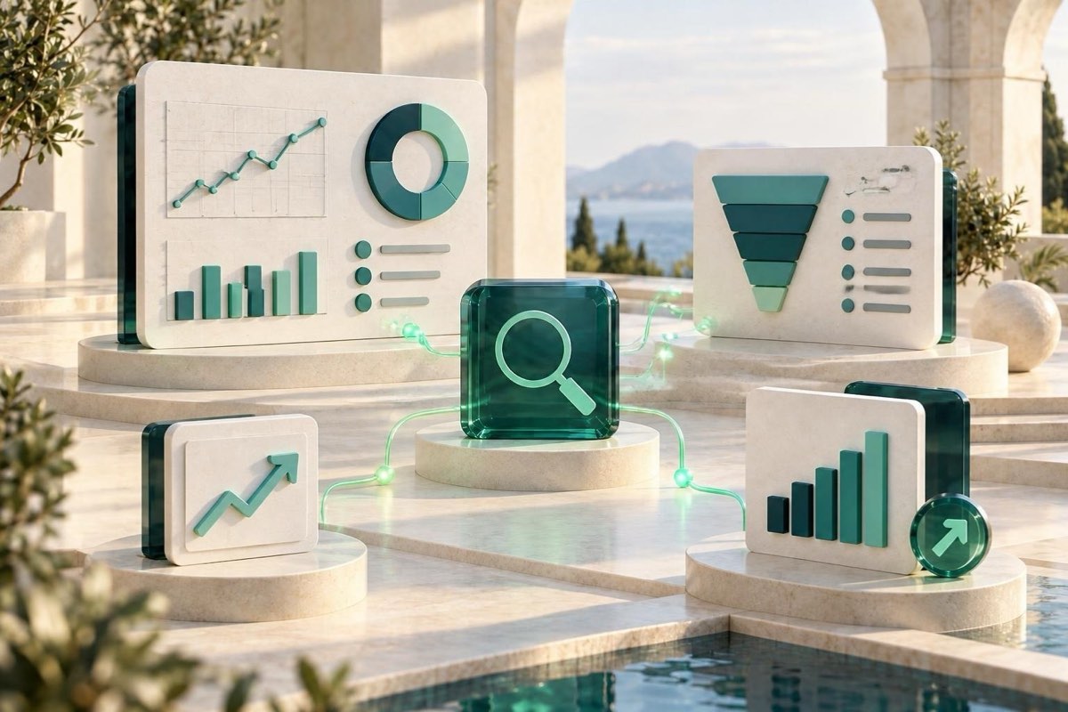 AI illustration: a reporting dashboard with charts and a sales funnel